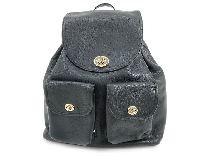 COACH Logo Leather Turn Lock Backpack Rucksack Black
