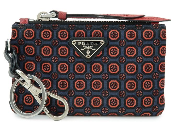 PRADA Triangle Logo Nylon Leather Mini Pouch Key Ring Navy 2TT072