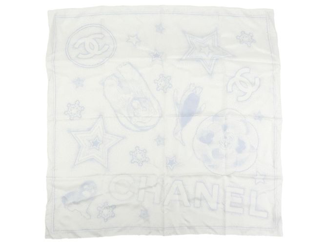 CHANEL Camelia COCO Mark Schal 100% Seide Bär Pinguin Weiß Hellblau