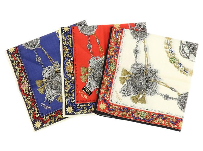 Céline Celine Lotto di 3 sciarpe 100% cotone Rosso Blu Bianco