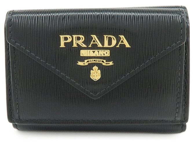 PRADA Vitello Move Leather Tri-fold Compact Wallet Black 1MH021