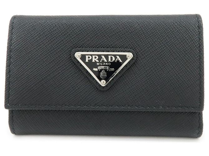 PRADA Triangle Logo Saffiano Leather Key Case Key Ring Black 1PG004