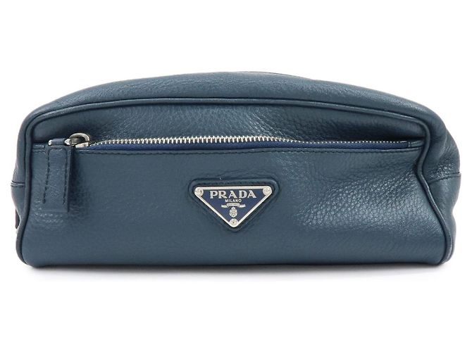 PRADA Triangle Logo Leather Cosmetic Pouch Accessory Pouch Navy