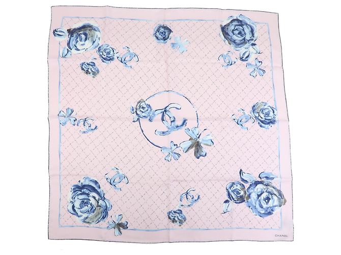 Sciarpa CHANEL COCO Mark 100% seta fiori rosa blu
