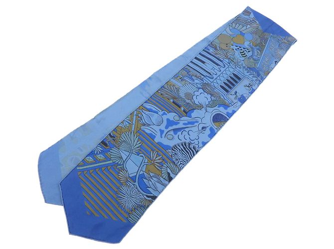 Hermès HERMES Maxi Twilly Silk 100% Scarf ANIMAPOLIS Blue Beige Black