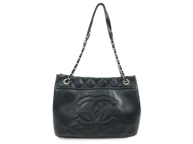 Bolsa de Ombro com Corrente CHANEL COCO Mark em Couro Caviar Preta e Prata