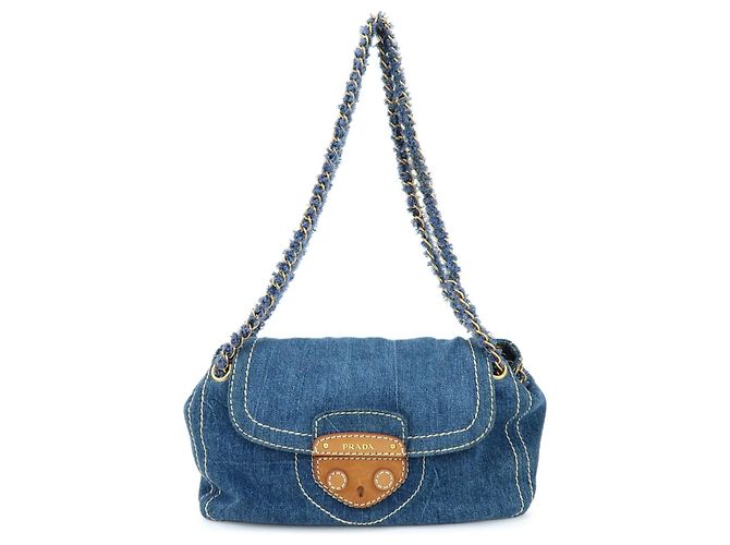 PRADA Bolsa de Ombro em Couro Denim com Aba Frontal Blue Camel BR4659