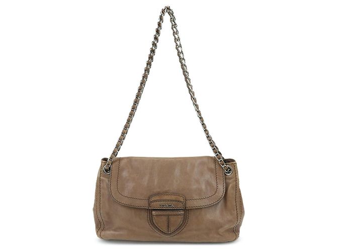 Bolsa de Ombro de Couro com Aba Frontal e Corrente PRADA Bolsa de Mão Castanho B4659C