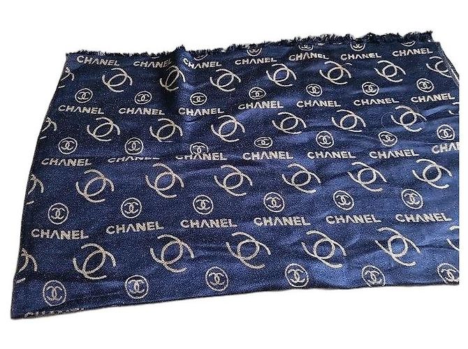 Lenço de seda Chanel Monograma - Azul Marinho e Bege