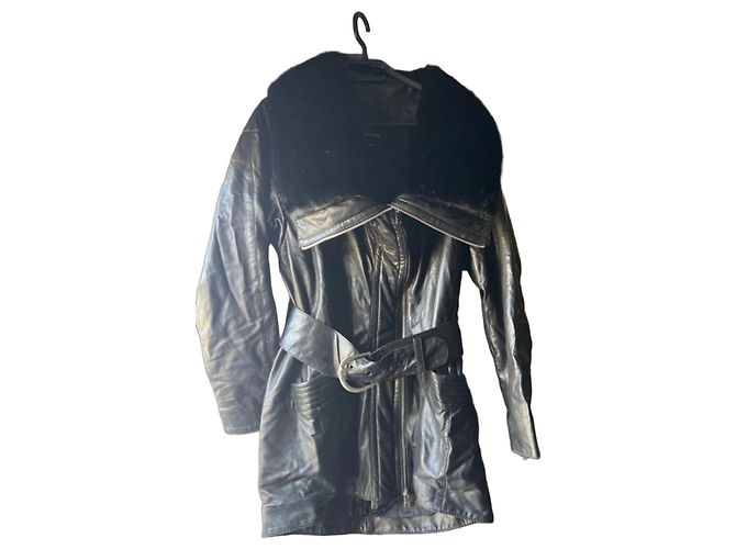 Jitrois Black Leather Coat with Fur Collar