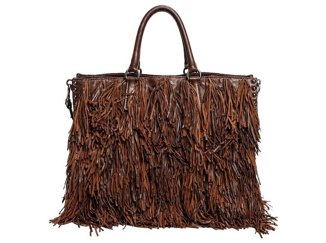 Tote Prada Sac cabas à franges en cuir marron