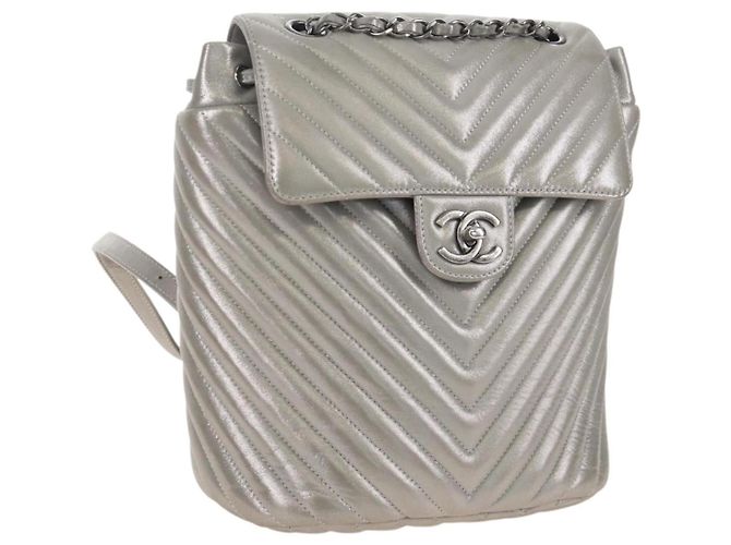 CHANEL V Stitch Backpack Leather Silver CC