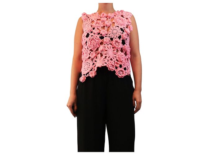 Autre Marque Blumiges Crochet-Stricktop in Rosa - Größe L