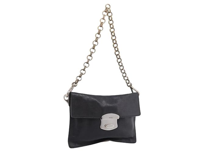 PRADA Chain Shoulder Bag Leather Black Silver