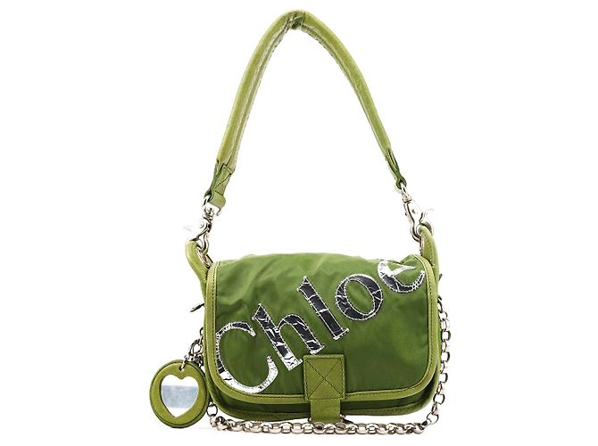 Chloé Grüne Nylon-Schultertasche mit Logo-Klappe