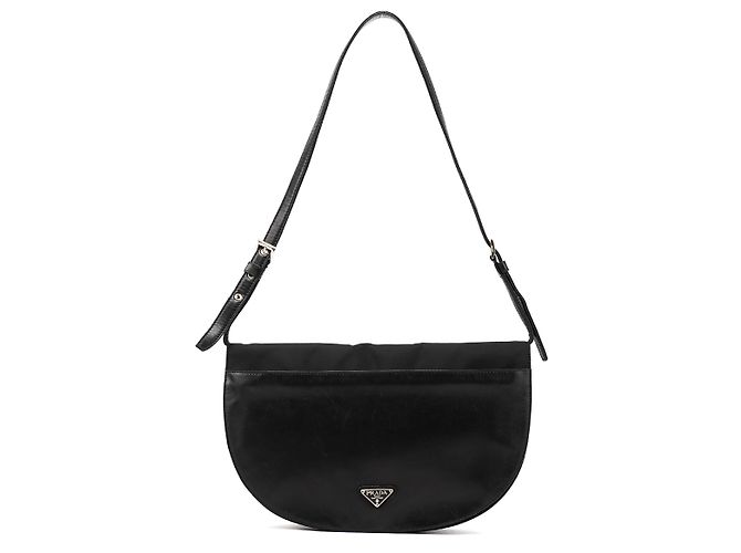 Prada Bolsa de ombro em nylon Tessuto Vitello e couro de bezerro preta