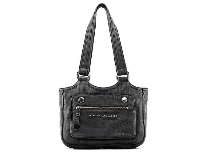 Marc by Marc Jacobs Saco Tote em couro preto com bolso frontal