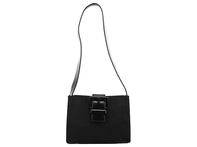 Prada Bolsa de Ombro com Fivela em Nylon Tessuto Vitello Preta