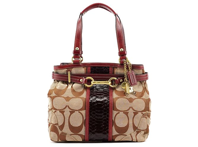 Coach 12466 Beige Burgundy Python Hamptons Tote Bag