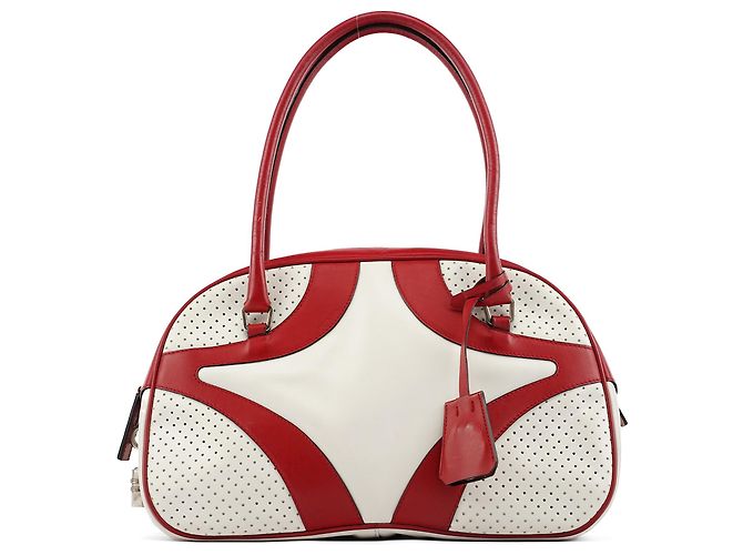 Prada Bolsa Bowling B11334 em couro perfurado branco e vermelho