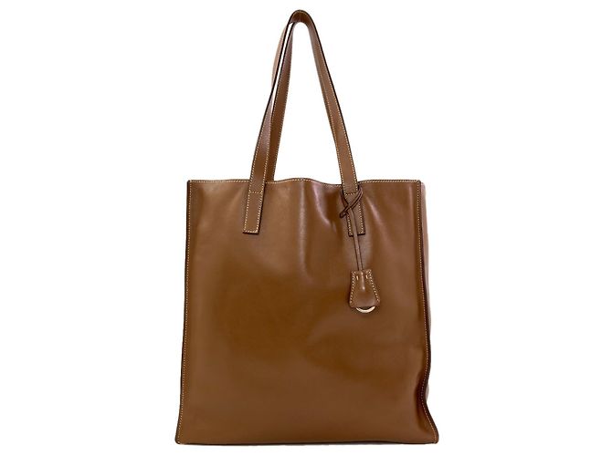 Prada Brown Leather Triangle Logo Tote Bag