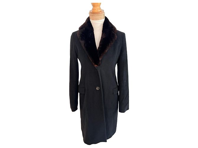 Jil Sander Black Wool Coat with Removable Fur Collar