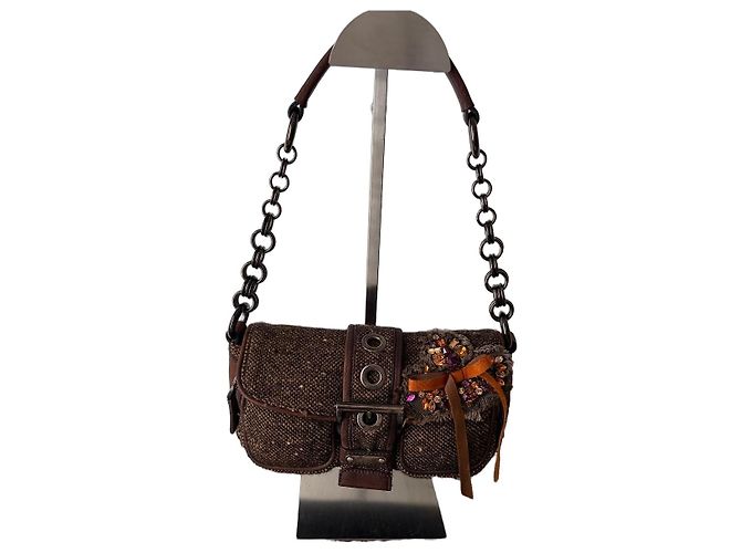 Borsa a tracolla Prada in tweed marrone