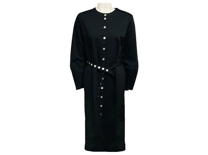 Vestido midi Tibi preto de manga comprida em algodão stretch com cinto