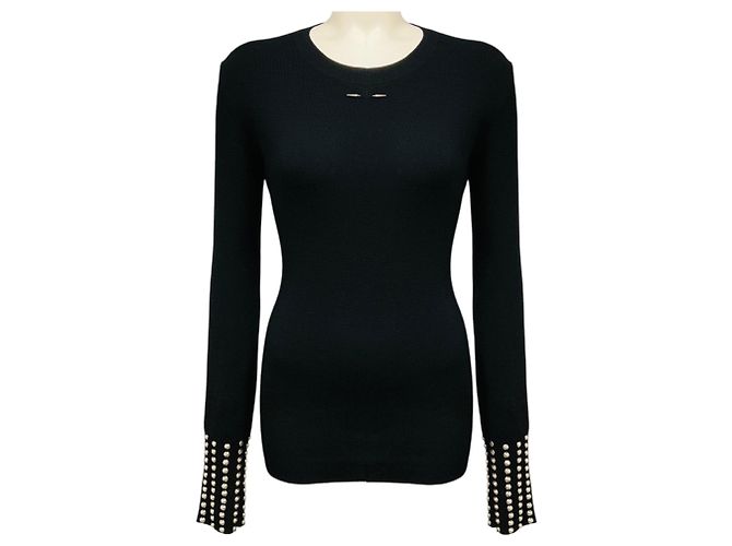 Barbara Bui Black / Silver Stud Embellished Wool Knit Crewneck Pullover Sweater