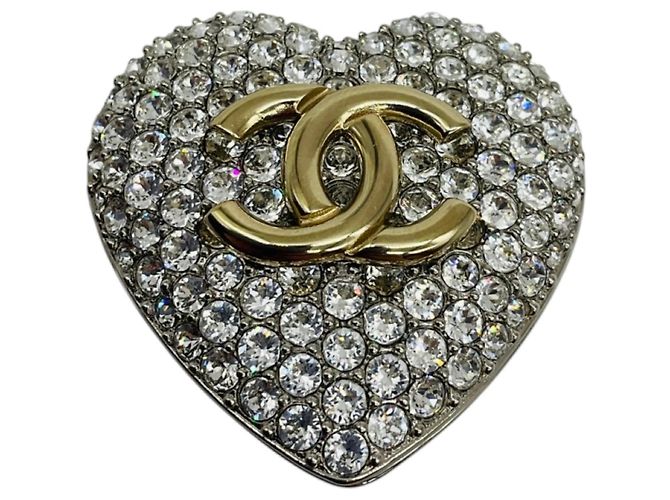 Spilla a cuore con strass Chanel 2020 Argento / Oro Logo CC