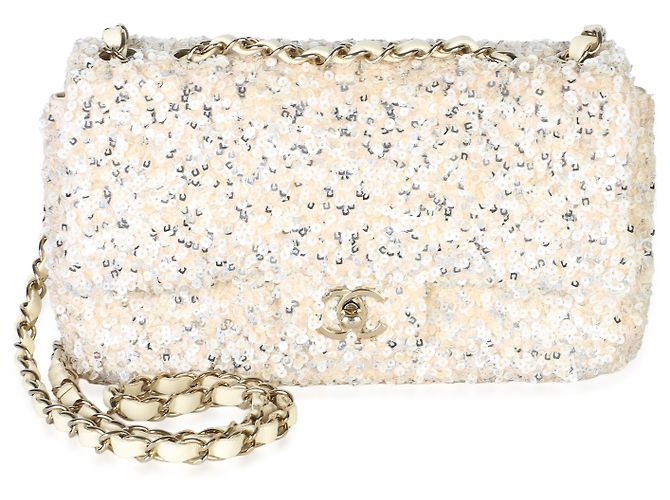 Borsa Chanel Small Single Flap in paillettes argento e crema