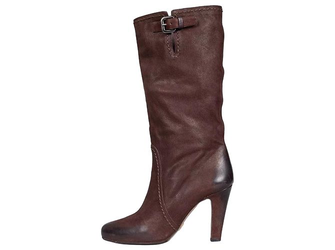 Prada Brown Leather Block Heel Pull-On Boots Sz.39 Pre-owned
