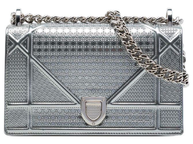 Dior Silver Small Metallic Patent Microcannage Diorama Flap