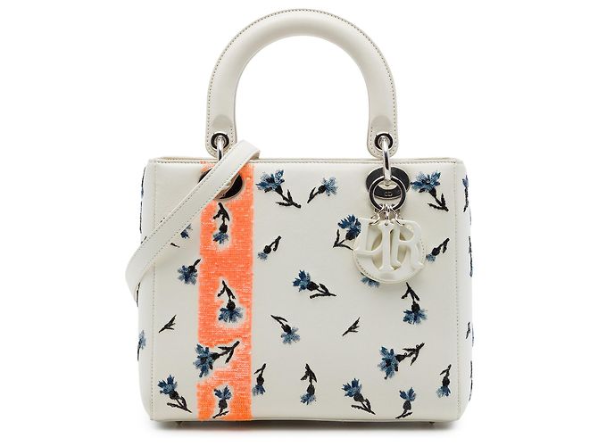 Dior White Medium Lambskin Floral Sequin Lady Dior