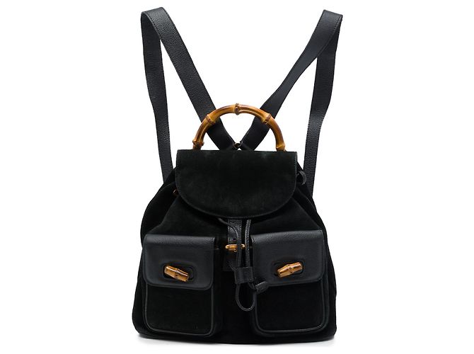 Gucci Black Large Suede Bamboo Drawstring Backpack