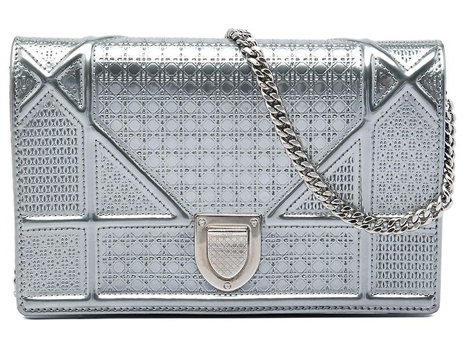 Dior Silver Metallic Patent Microcannage Diorama Wallet on Chain