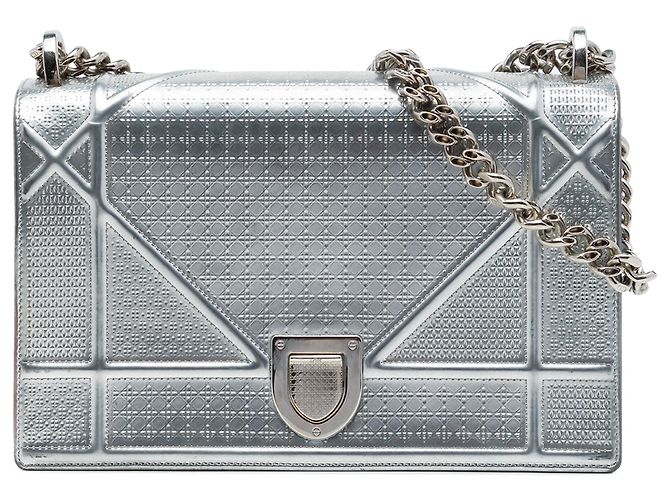 Dior Silver Medium Metallic Patent Microcannage Diorama Flap