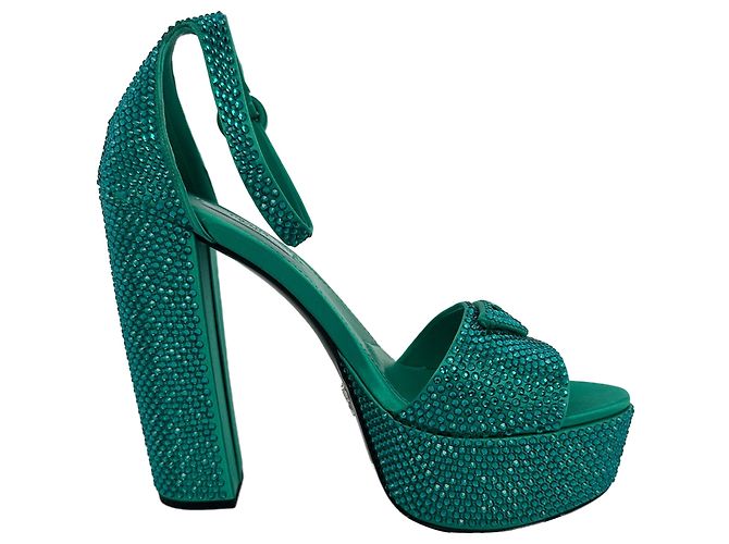 Prada Crystal Embellished Ankle Strap Platform Heels in Green Satin