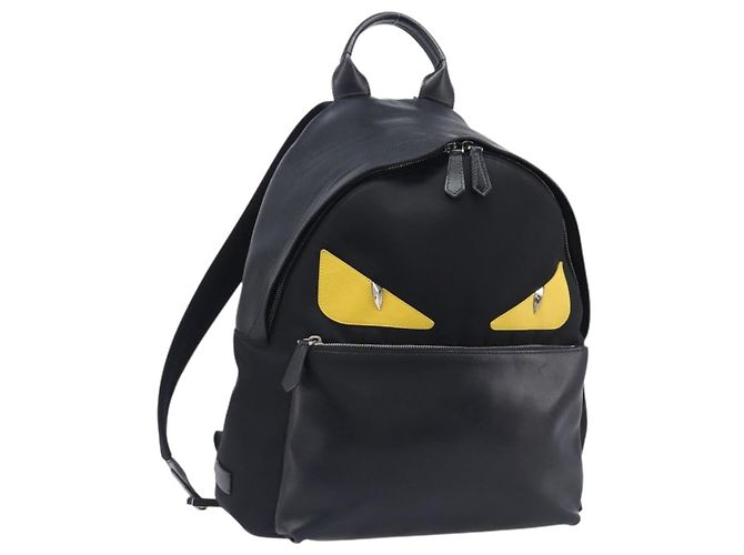 FENDI Monster Backpack Leather Nylon Black Silver