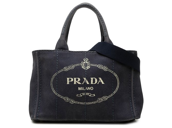Prada Borsa Tote Small Canvas Canapa Logo Blu