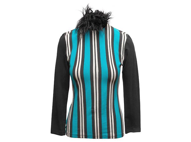 Jean Paul Gaultier Maille gestreifter Pullover mit Pelzbesatz Schwarz & Multicolor Größe IT 42