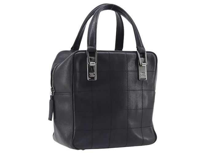 CHANEL Choco Bar Hand Bag Leather Black Silver CC