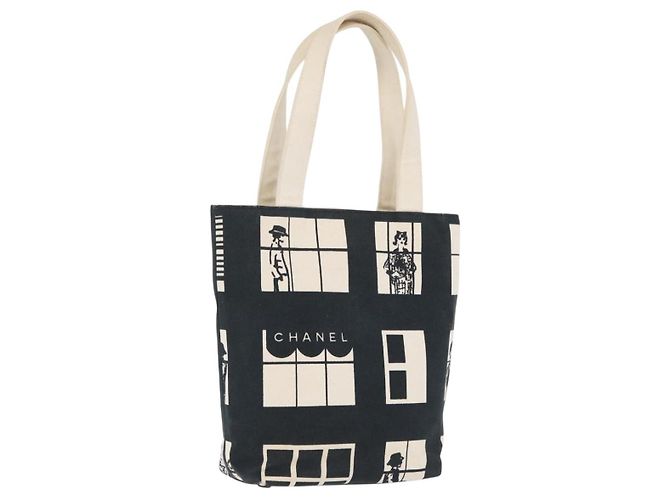 CHANEL Window Line Tote Bag Canvas Ivory Black CC