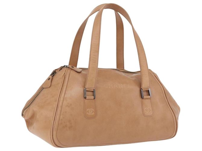 CHANEL COCO Mark Boston Bag Leather Beige Silver CC
