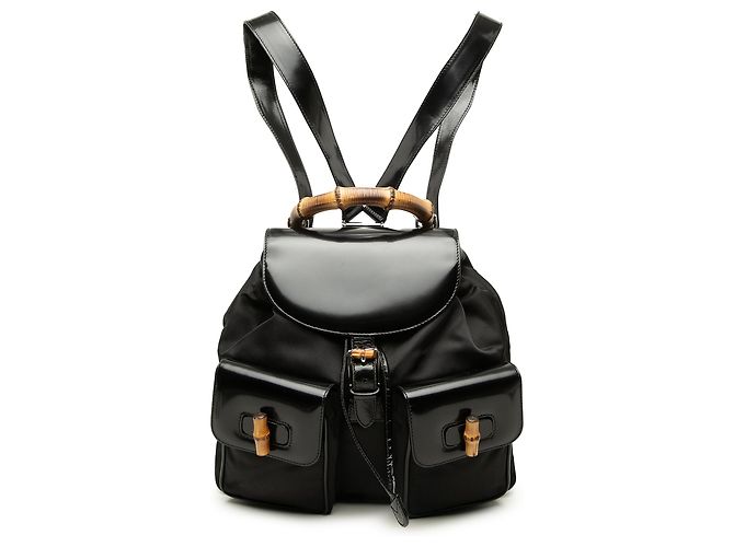 Gucci Black Large Nylon Bamboo Drawstring Backpack