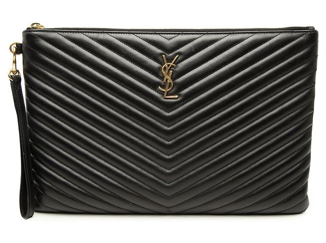 Autre Marque Portadocumenti Saint Laurent in pelle chevron nera con monogramma