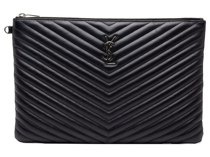 Autre Marque Portadocumenti Saint Laurent in pelle chevron nera con monogramma