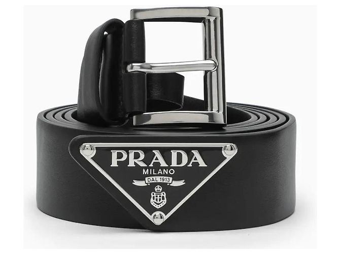 Prada Smooth Calfskin Triangle Logo Belt Black