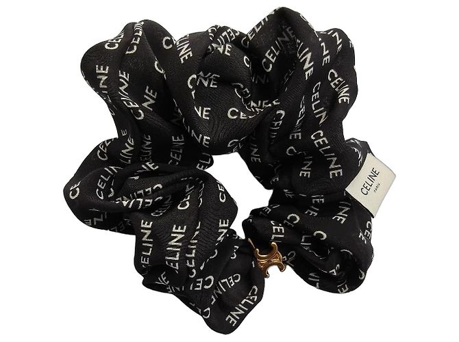 Céline Scrunchie in seta stampata logo Celine Triomphe Nero