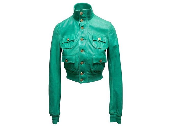 Dsquared2 Vintage Green Dsquared Cropped Button-Up Leather Jacket Size IT 42